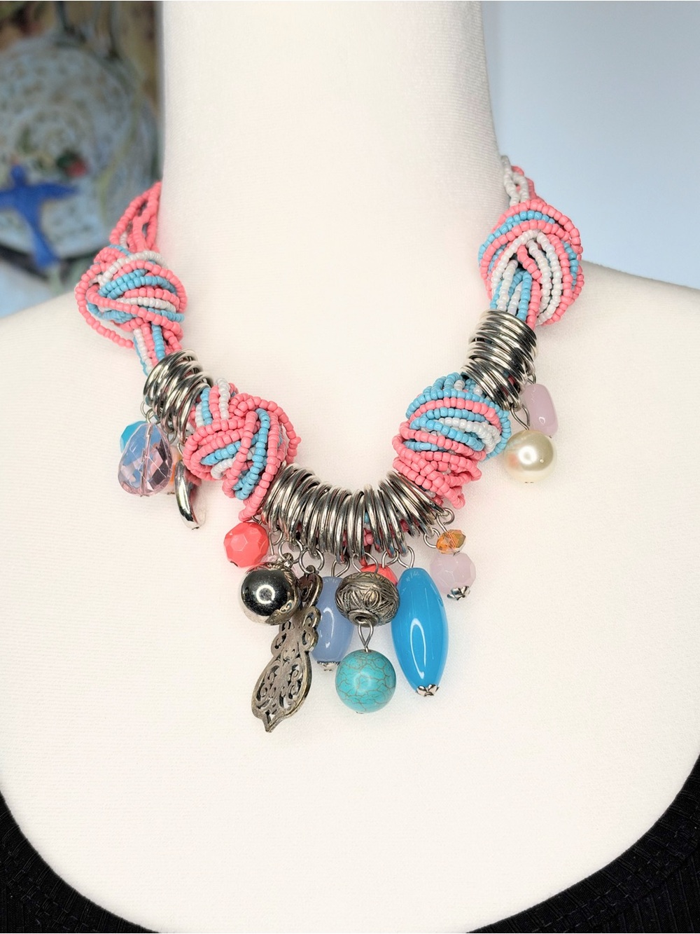 Boho Seed Bead Charm Necklace Pink Turquoise Silver Tone Statement 19”